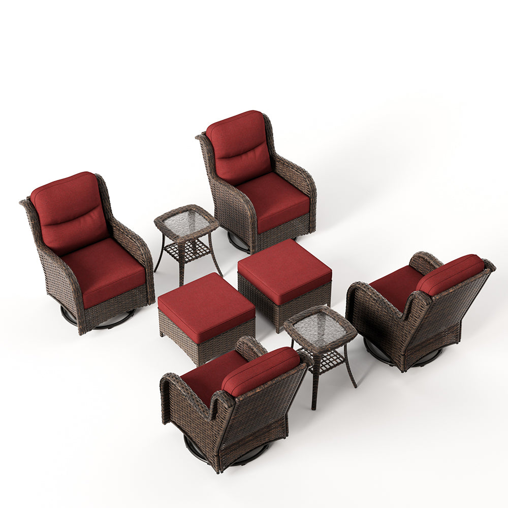 Hawthorne 8 Piece Patio Rattan Swivel Gliding Conversation Set With Side Tables & Ottomans For Backyard
