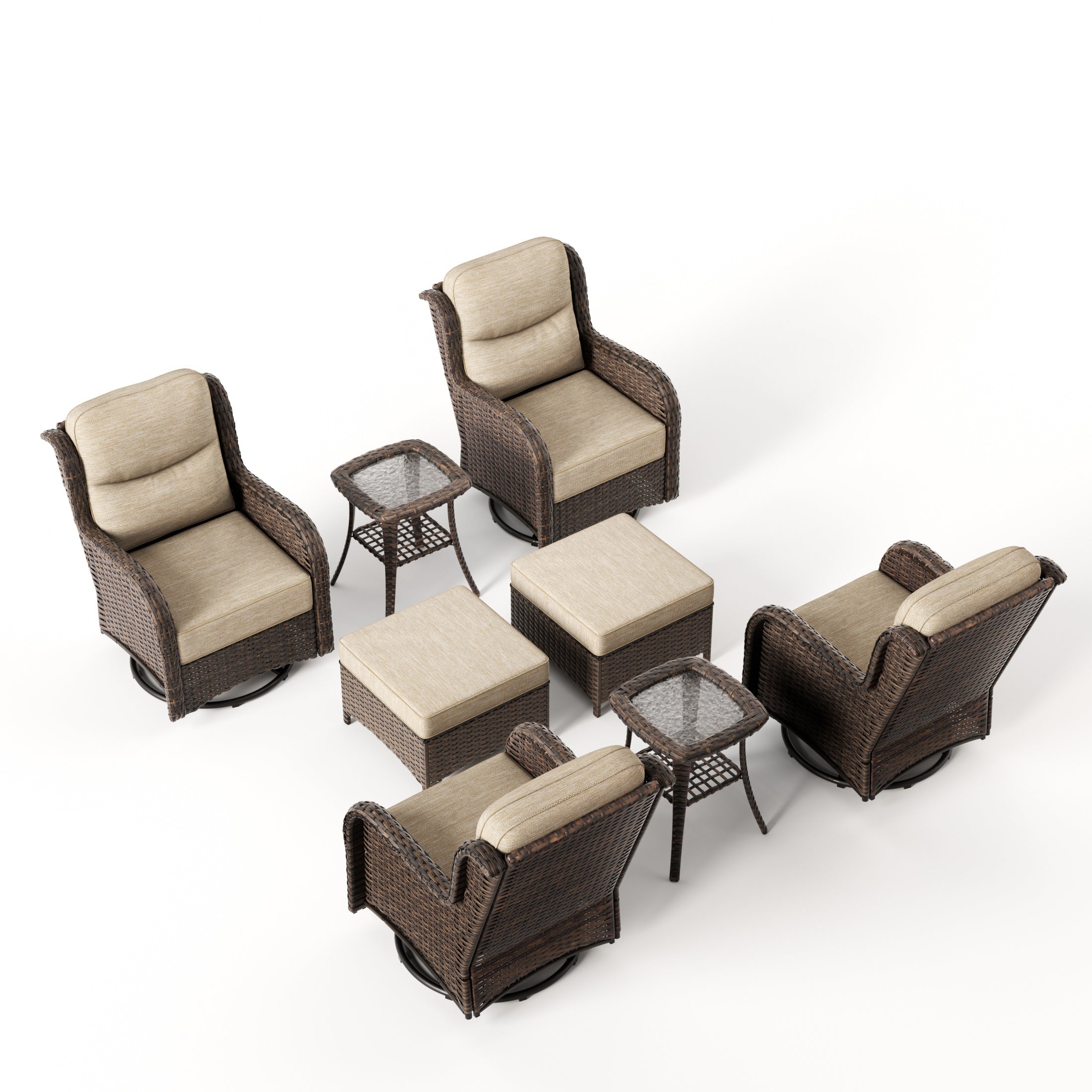 Hawthorne 8 Piece Patio Rattan Swivel Gliding Conversation Set With Side Tables & Ottomans For Backyard