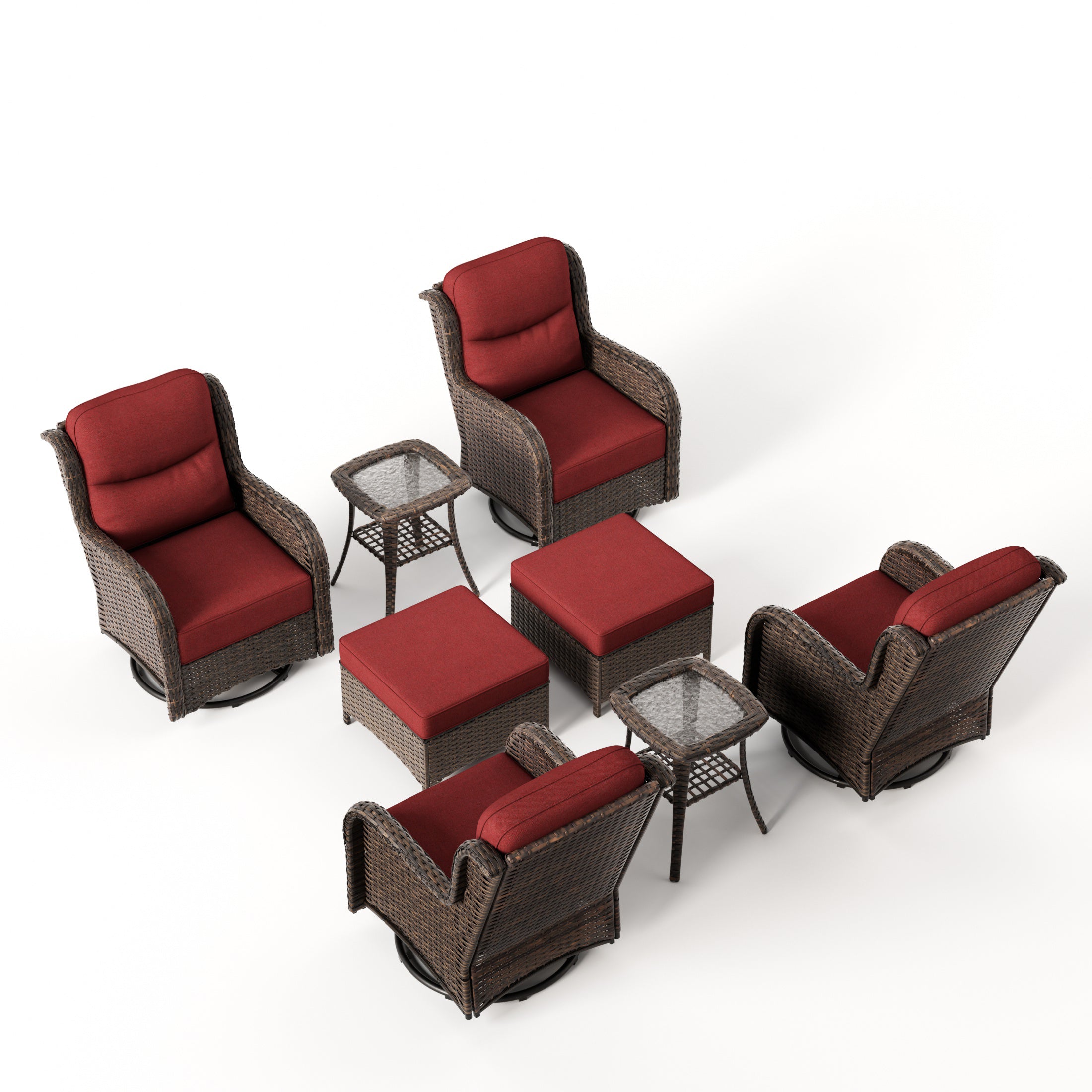 Hawthorne 8 Piece Patio Rattan Swivel Gliding Conversation Set With Side Tables & Ottomans For Backyard