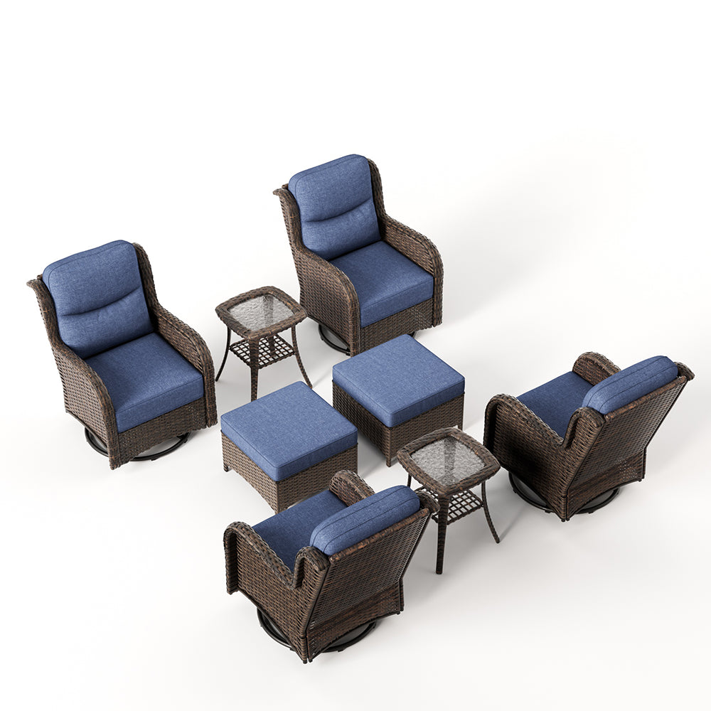 Hawthorne 8 Piece Patio Rattan Swivel Gliding Conversation Set With Side Tables & Ottomans For Backyard