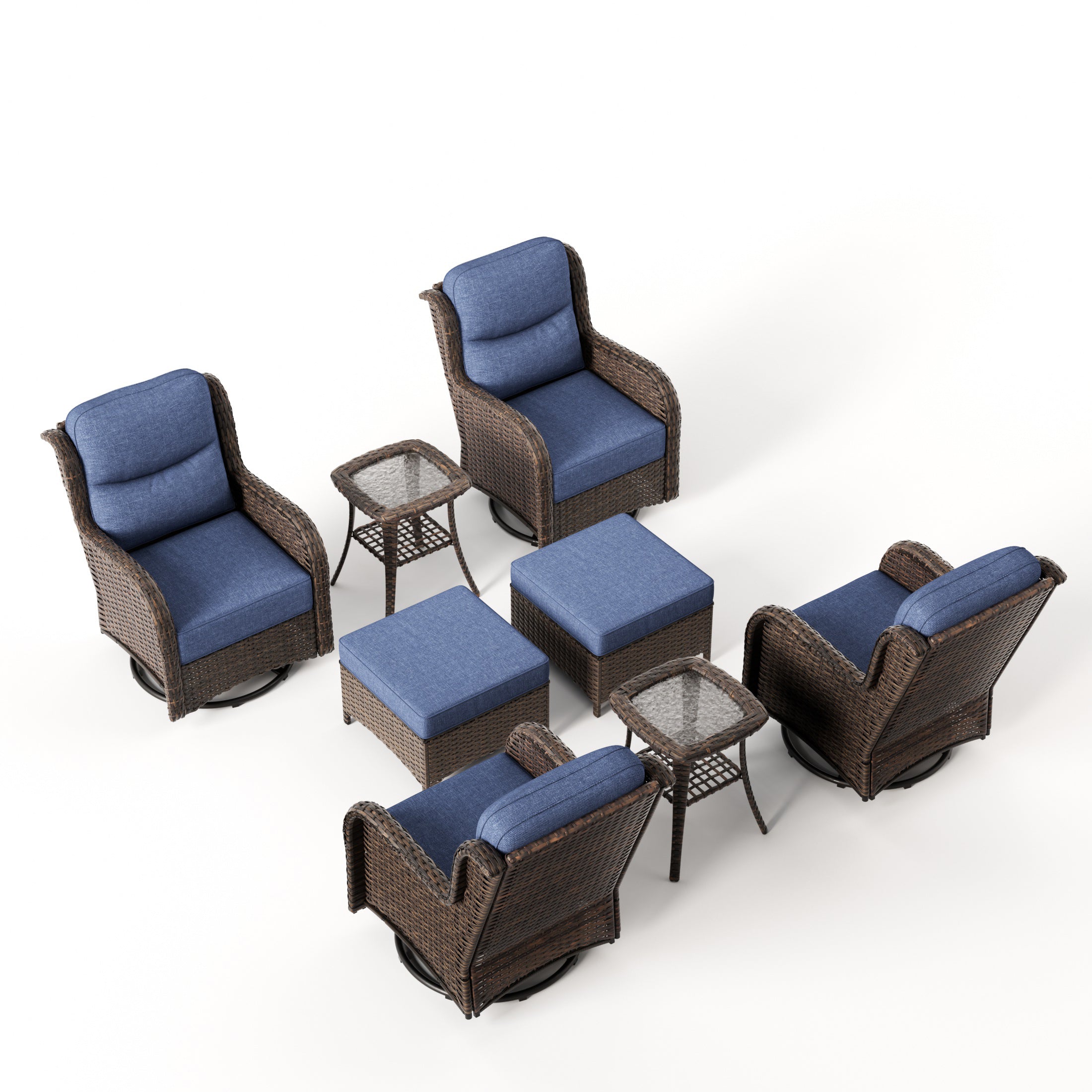 Hawthorne 8 Piece Patio Rattan Swivel Gliding Conversation Set With Side Tables & Ottomans For Backyard