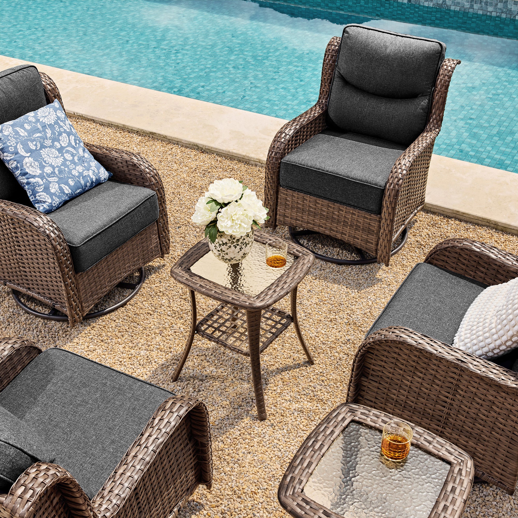 Hawthorne 8 Piece Patio Rattan Swivel Gliding Conversation Set With Side Tables & Ottomans For Backyard