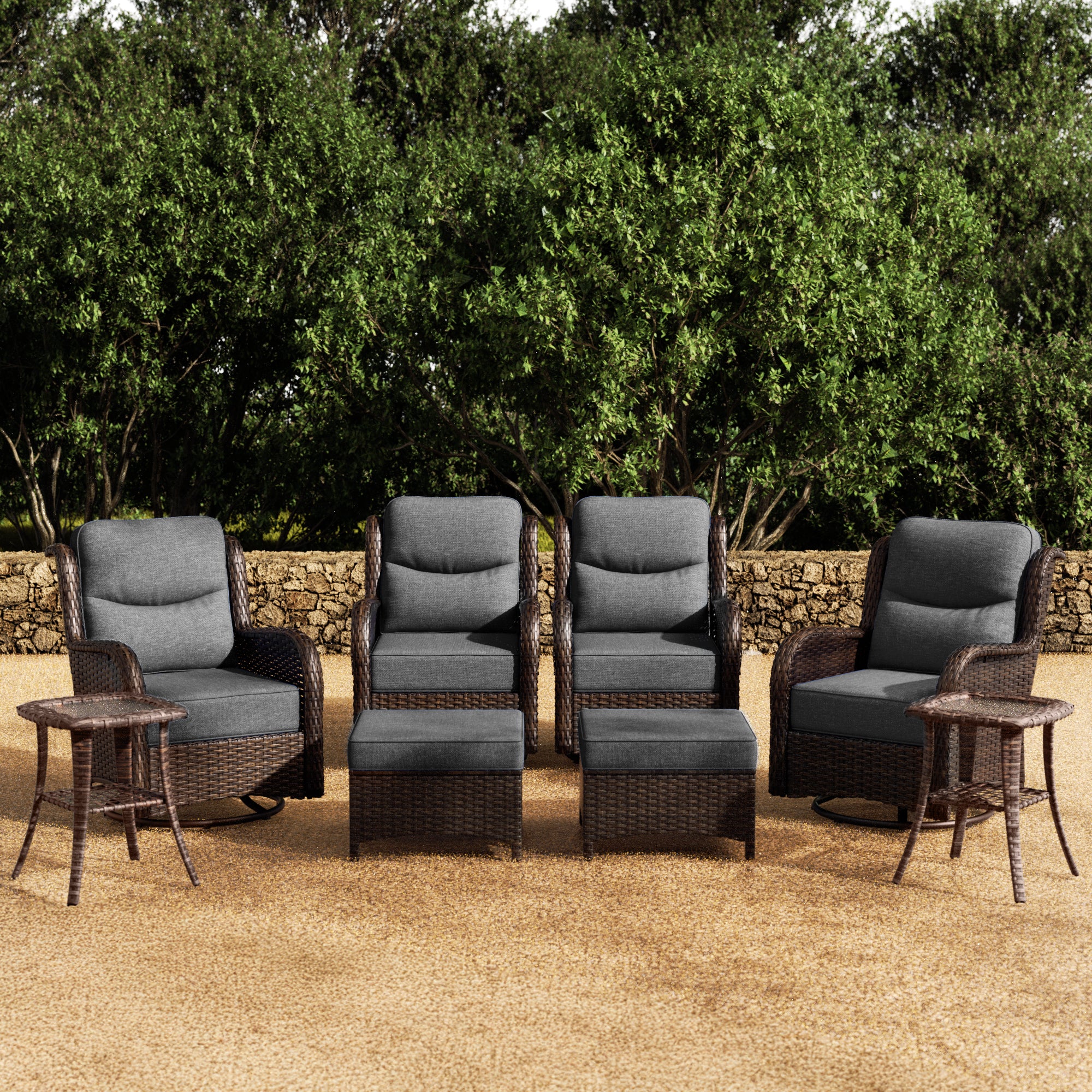 Hawthorne 8 Piece Patio Rattan Swivel Gliding Conversation Set With Side Tables & Ottomans For Backyard