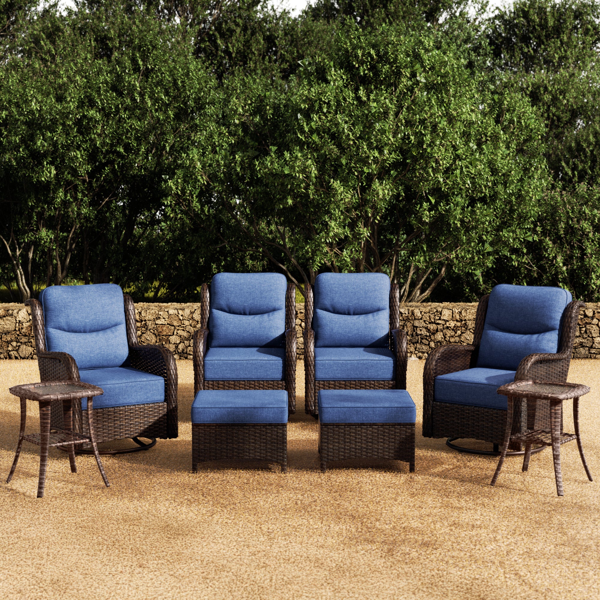 Hawthorne 8 Piece Patio Rattan Swivel Gliding Conversation Set With Side Tables & Ottomans For Backyard