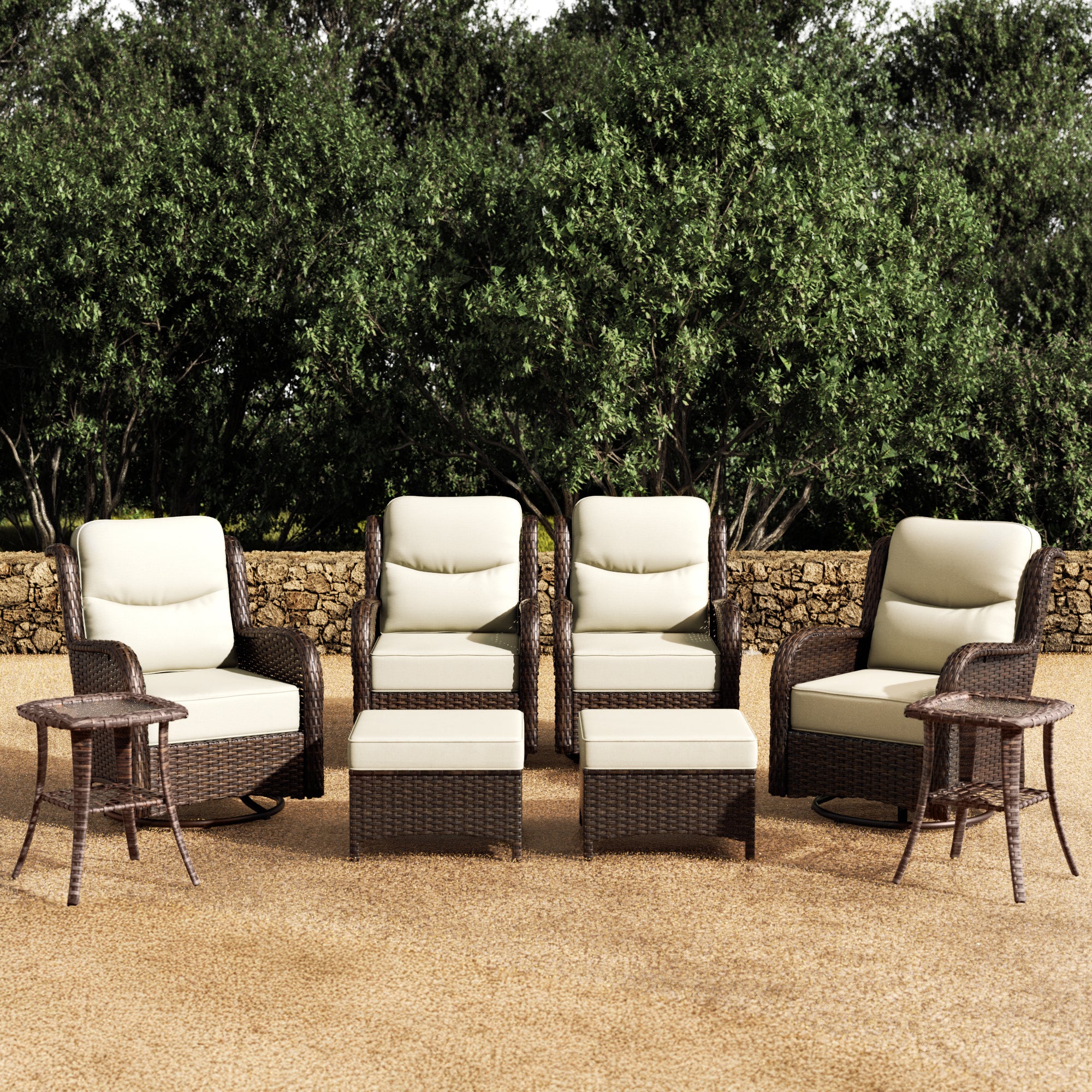 Hawthorne 8 Piece Patio Rattan Swivel Gliding Conversation Set With Side Tables & Ottomans For Backyard