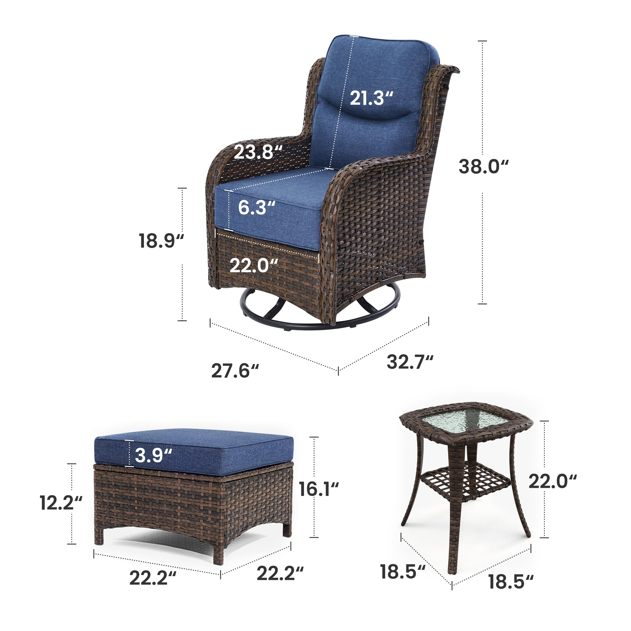 Hawthorne 8 Piece Patio Rattan Swivel Gliding Conversation Set With Side Tables & Ottomans For Backyard