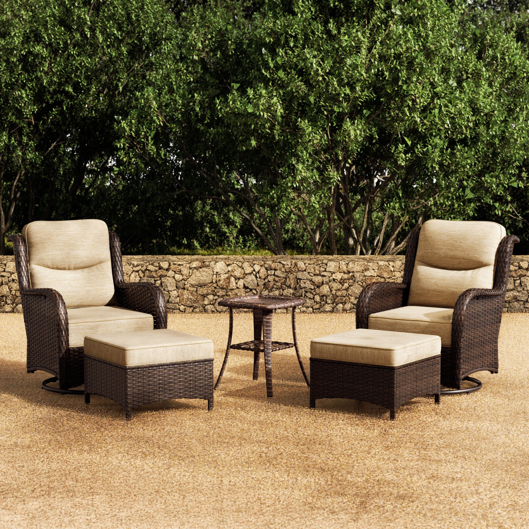Hawthorne Sand Wicker Furniture Patio Sofa And Swivel Glider Chairs With 6-Inch Cushions