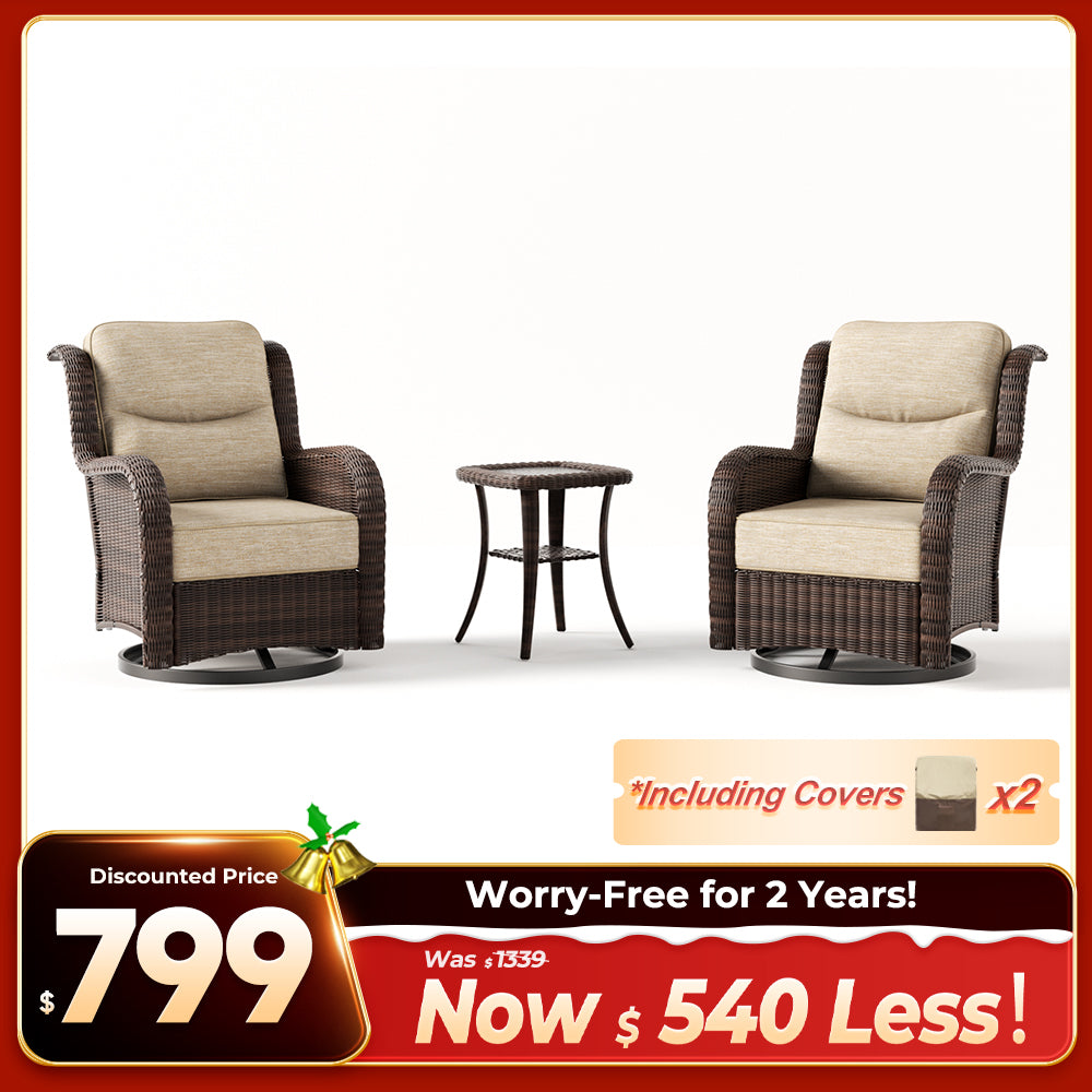 Ardenelle Luxury 3 Piece Patio Wicker Conversation Set With Side Table And Covers