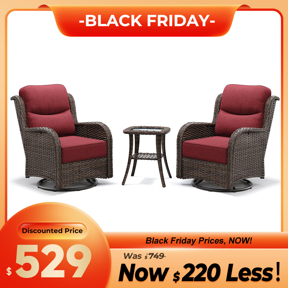Hawthorne 3 Piece Outdoor Wicker 360° Swivel Conversation Set With Cushions & Side Table For Porch