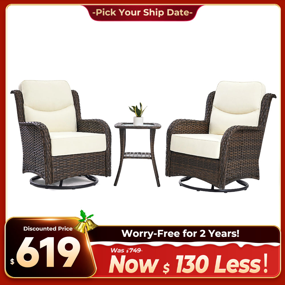 Hawthorne 3 Piece Outdoor Wicker 360° Swivel Conversation Set With Cushions & Side Table For Porch