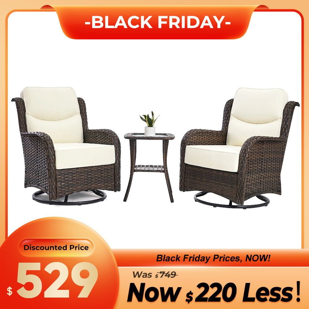 Hawthorne 3 Piece Outdoor Wicker 360° Swivel Conversation Set With Cushions & Side Table For Porch