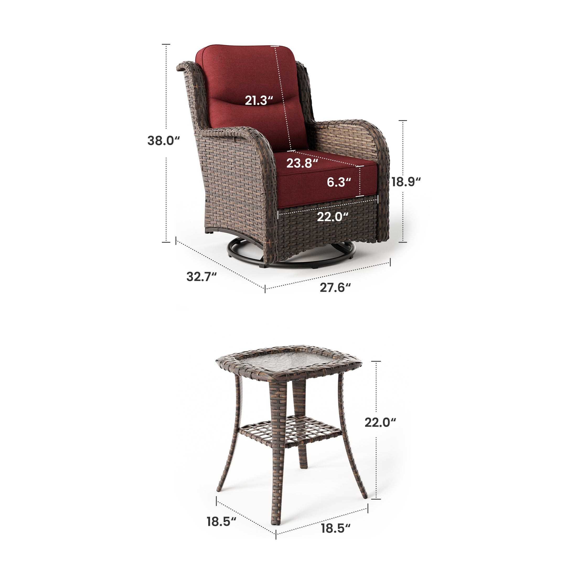 Hawthorne 3 Piece Outdoor Wicker 360° Swivel Conversation Set With Cushions & Side Table For Porch