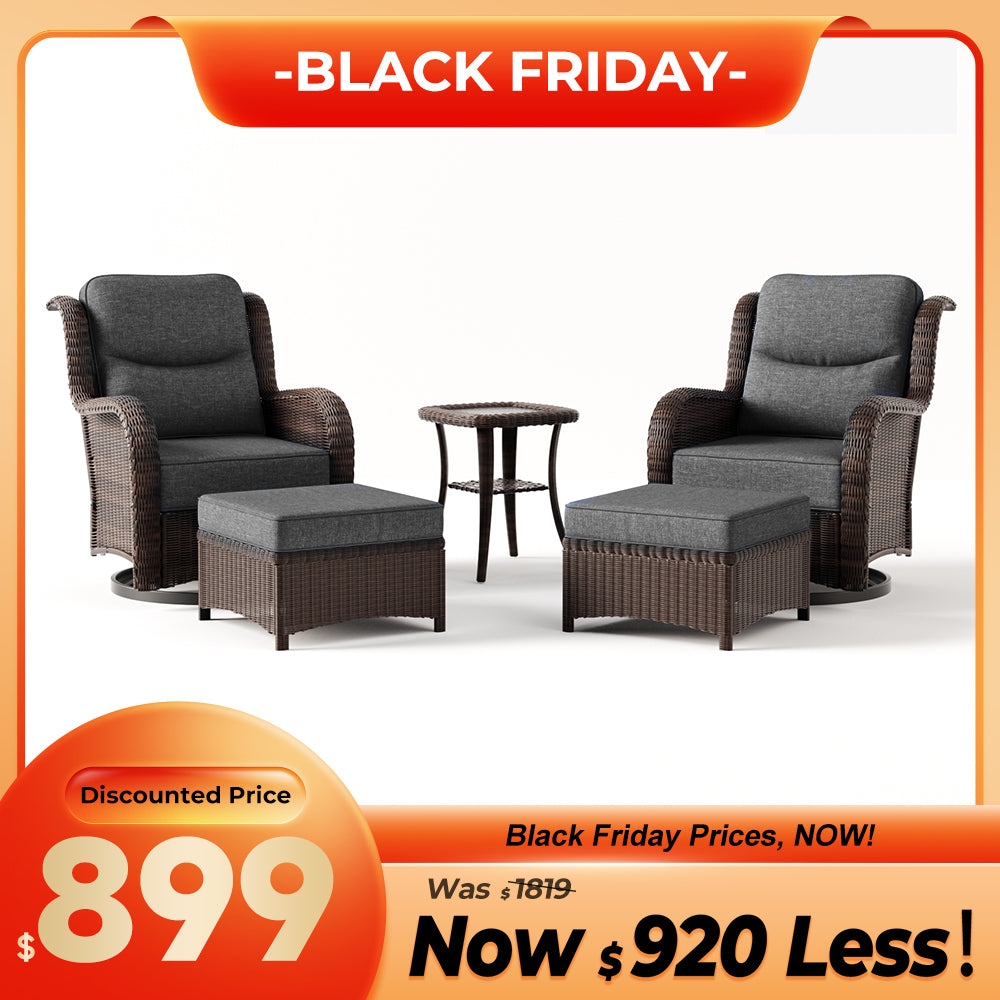 Ardenelle Luxury 5 Piece Patio Wicker Conversation Set With Ottomans And Covers