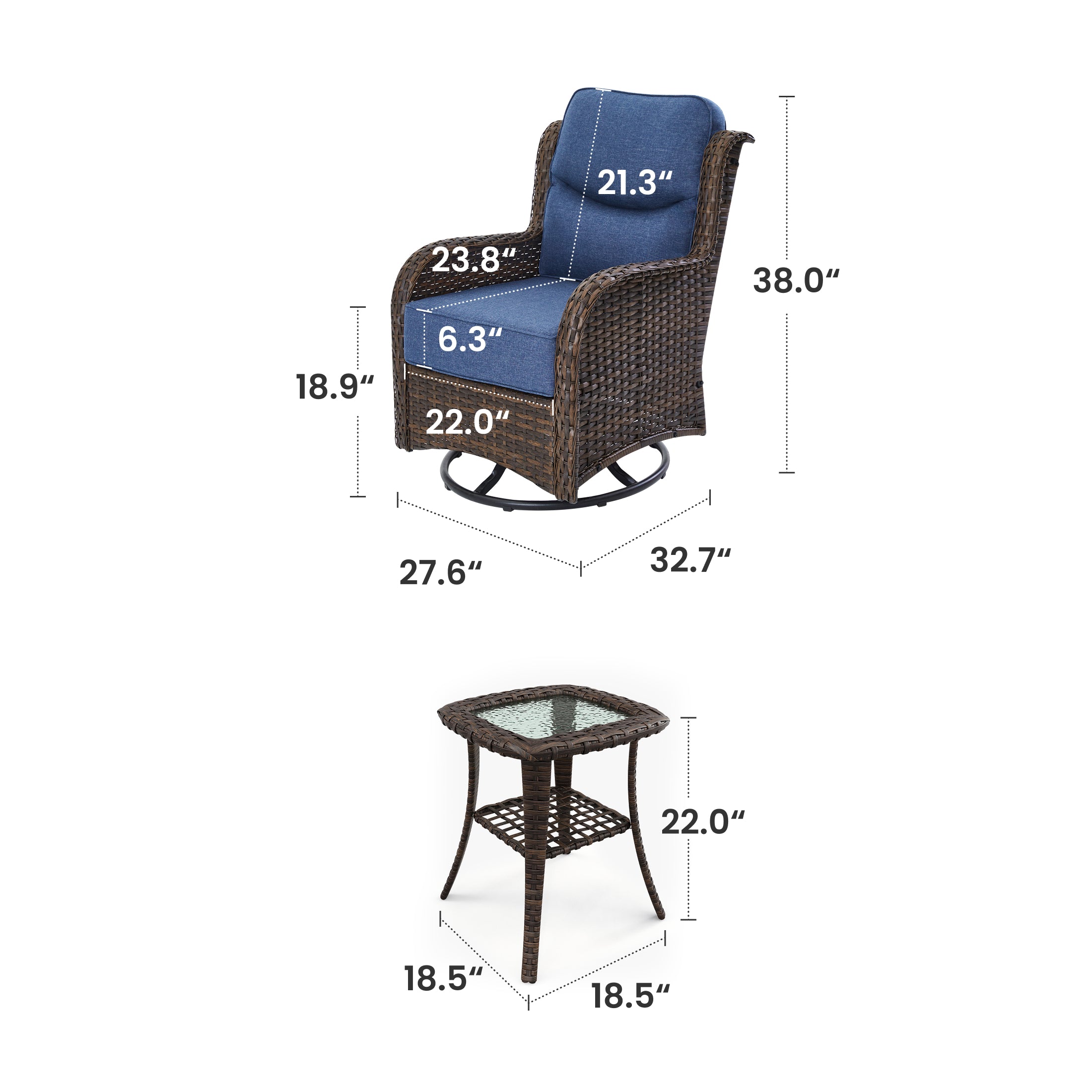 Hawthorne 3 Piece Outdoor Wicker 360° Swivel Conversation Set With Cushions & Side Table For Porch