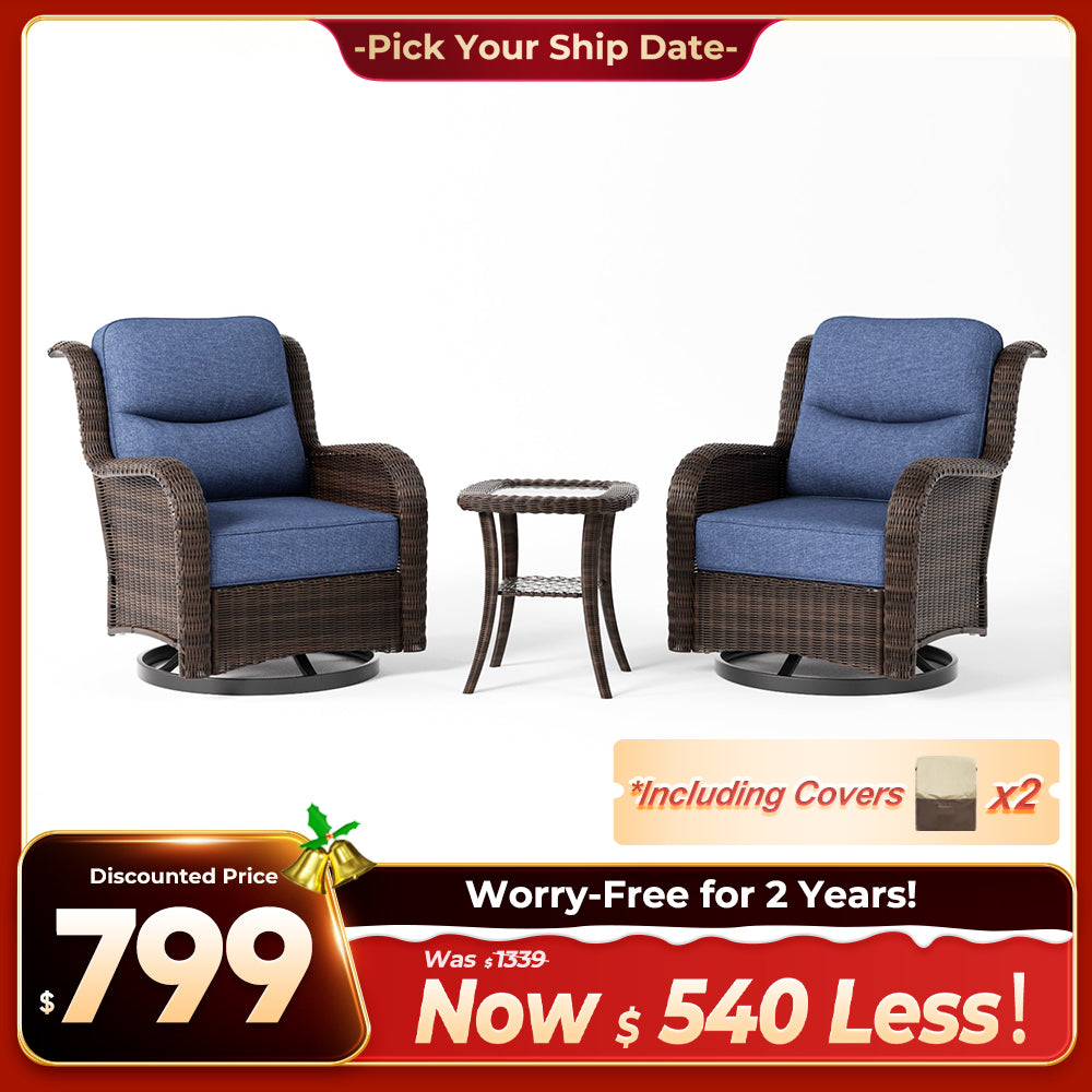 Ardenelle Luxury 3 Piece Patio Wicker Conversation Set With Side Table And Covers