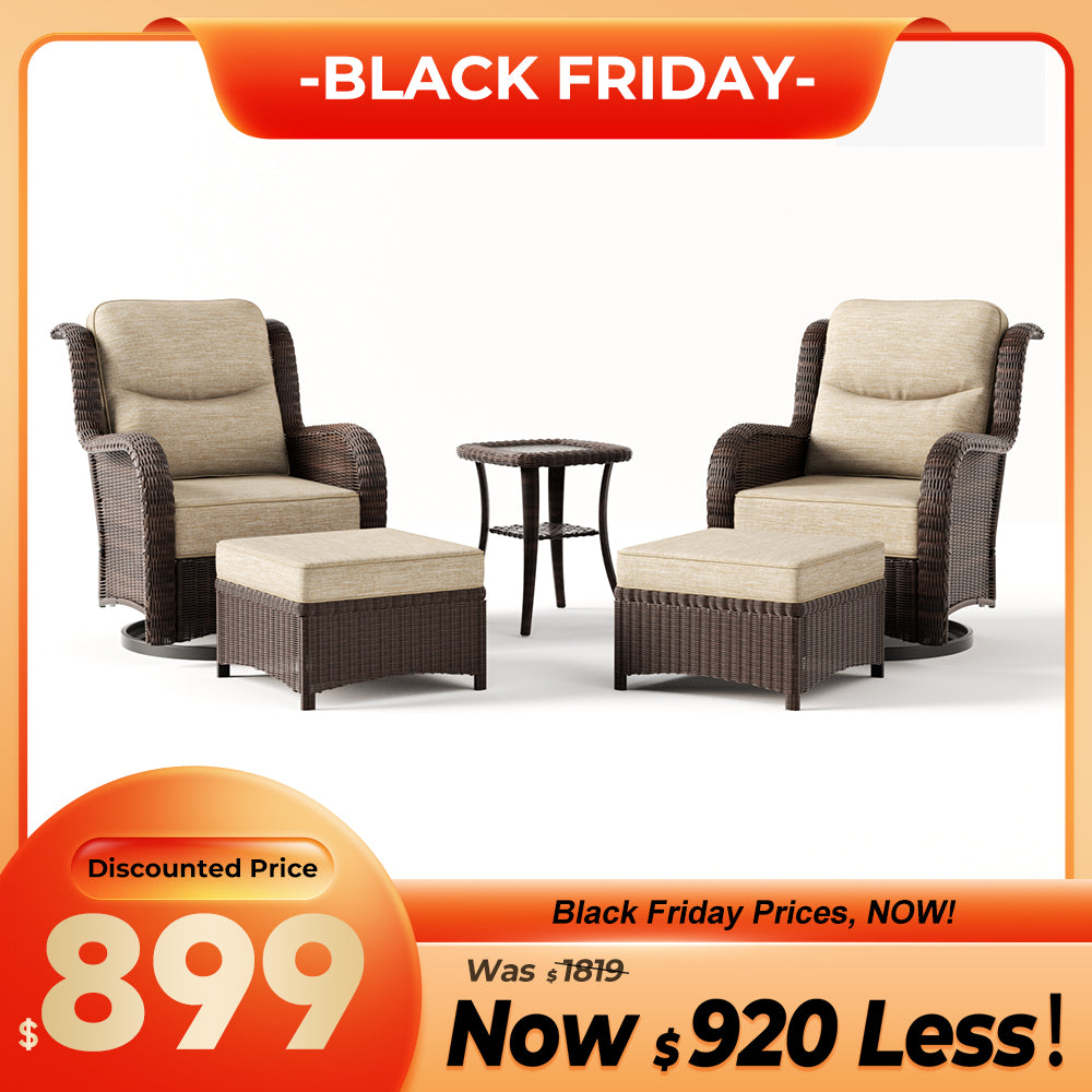 Ardenelle Luxury 5 Piece Patio Wicker Conversation Set With Ottomans And Covers