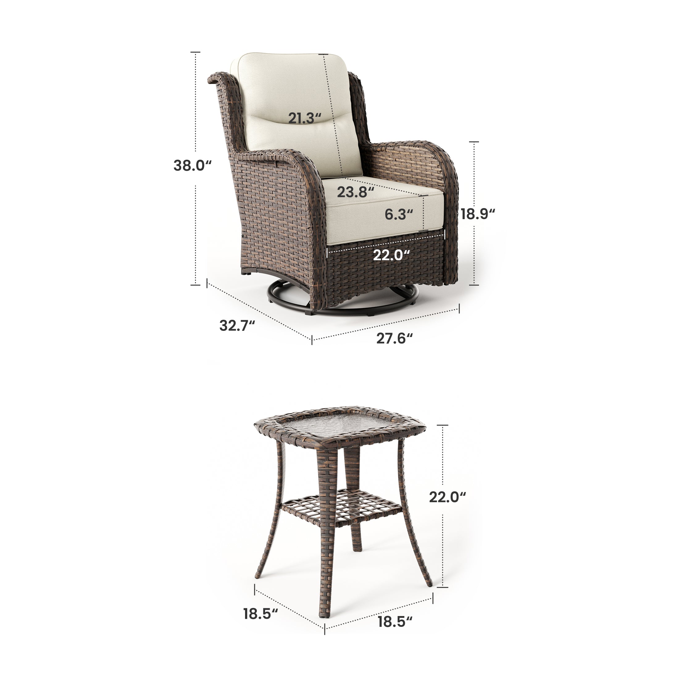 Hawthorne 3 Piece Outdoor Wicker 360° Swivel Conversation Set With Cushions & Side Table For Porch