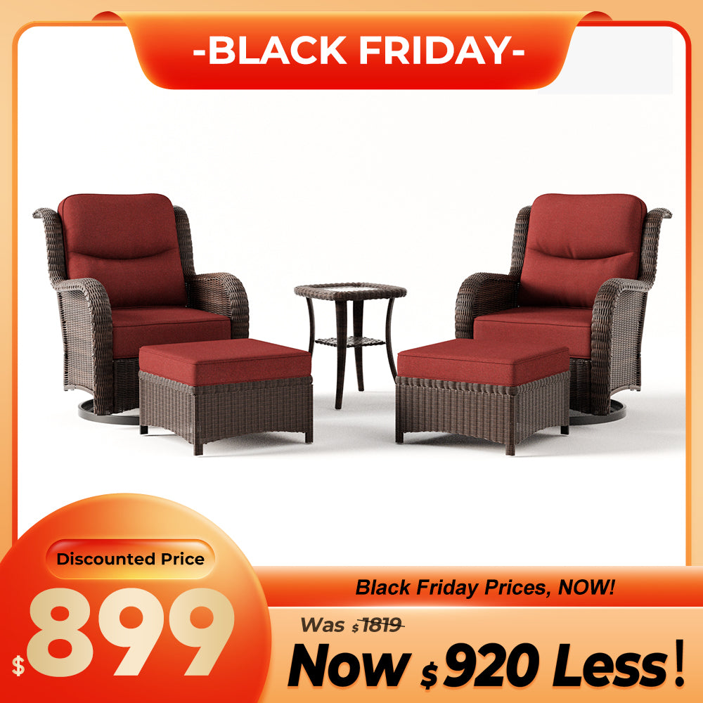 Ardenelle Luxury 5 Piece Patio Wicker Conversation Set With Ottomans And Covers