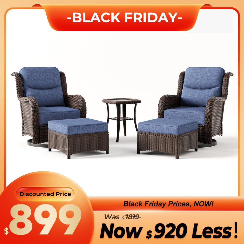 Ardenelle Luxury 5 Piece Patio Wicker Conversation Set With Ottomans And Covers