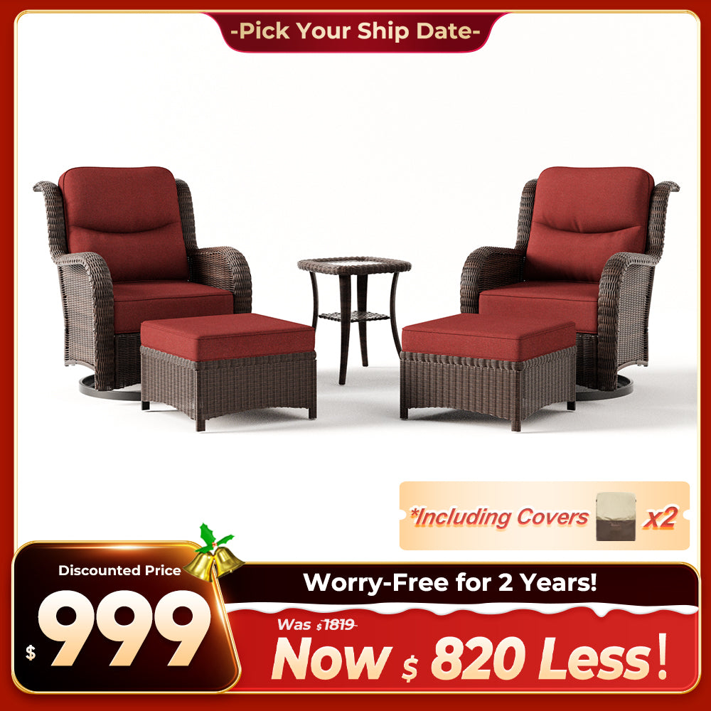Ardenelle Luxury 5 Piece Patio Wicker Conversation Set With Ottomans And Covers