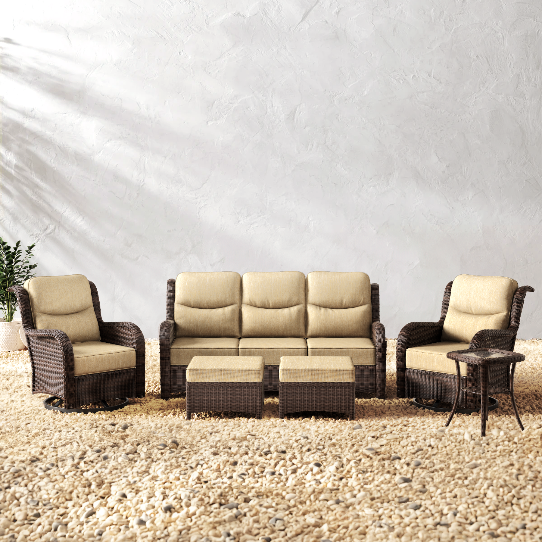 Ardenelle Luxury 6 Piece Patio Wicker Sofa Set With Ottomans, Side tables And Covers