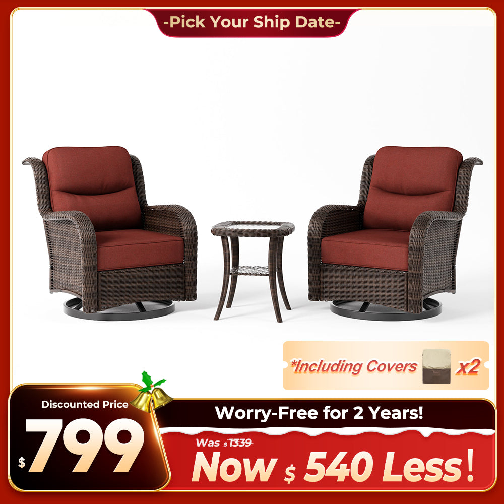 Ardenelle Luxury 3 Piece Patio Wicker Conversation Set With Side Table And Covers