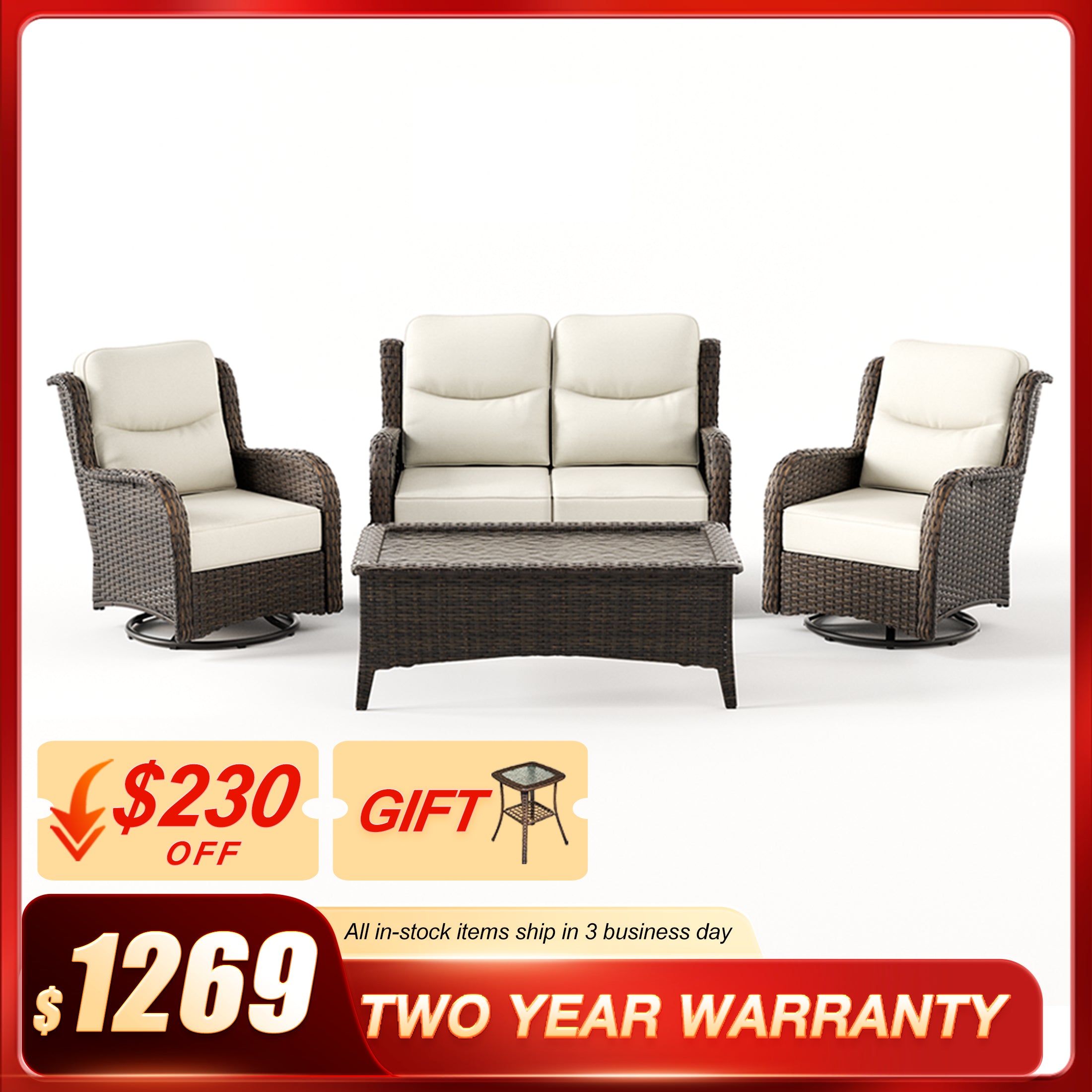 Hawthorne 4 Seater Patio Wicker Loveseat Set With Swivel Glider Chairs And Coffee Table