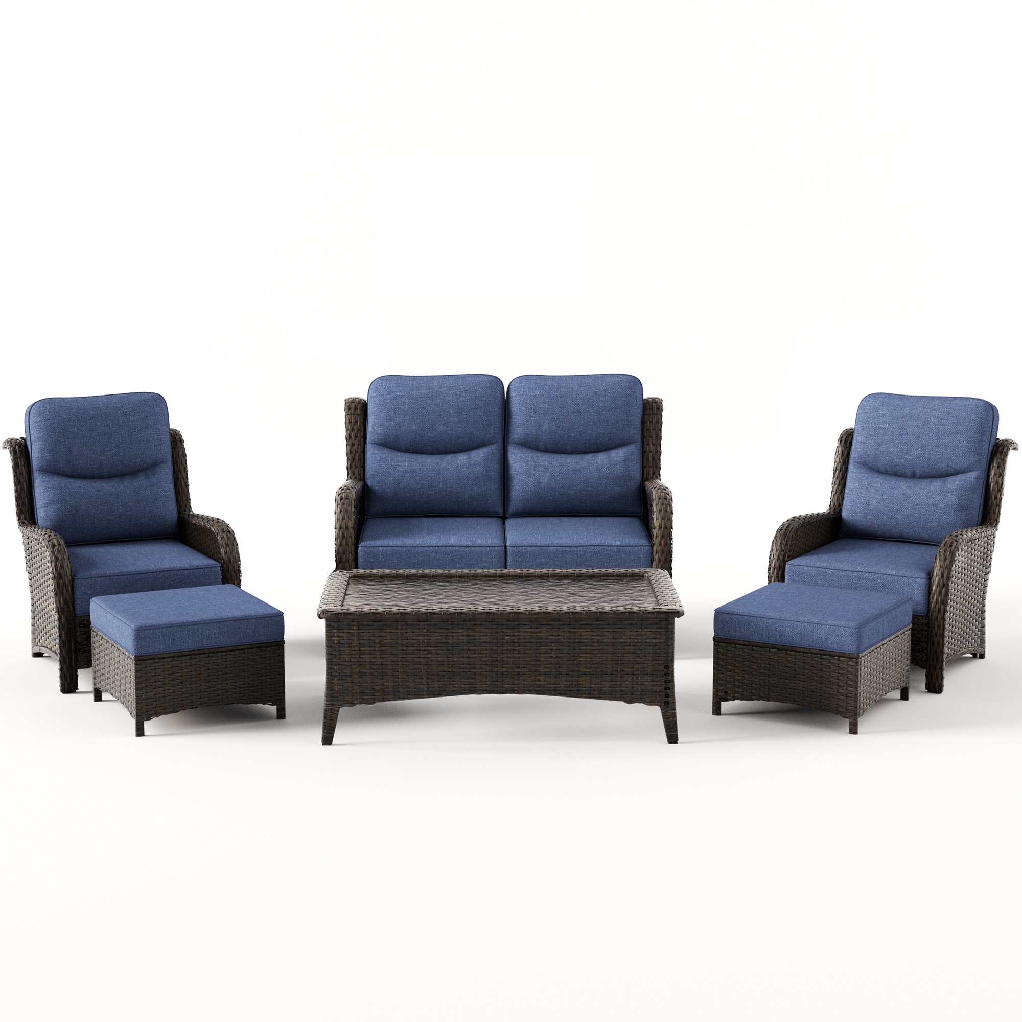Hawthorne 6 Piece Patio Wicker Lounge Chairs And Loveseat Set With Coffee Table And Ottomans