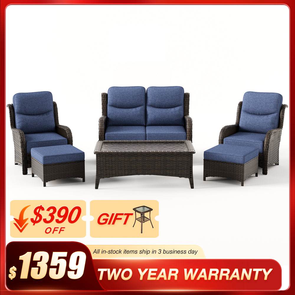 Hawthorne 7 Piece Patio Wicker Lounge Chairs And Loveseat Set With Coffee Table And Ottomans