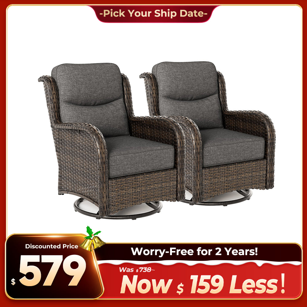 Hawthorne 2 Piece Outdoor Wicker Swivel Gliding Chairs Set With 6-Inch Cushions & Sturdy Base