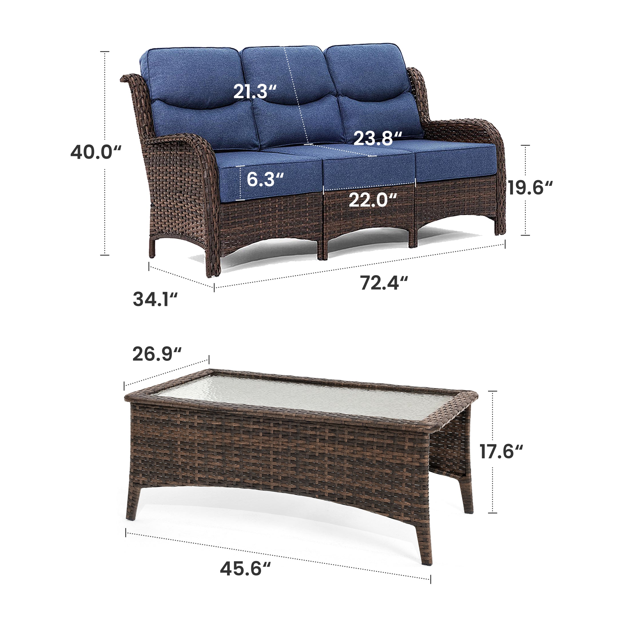 Hawthorne Blue Wicker Furniture Patio Sofa And Swivel Glider Chairs With 6-Inch Cushions