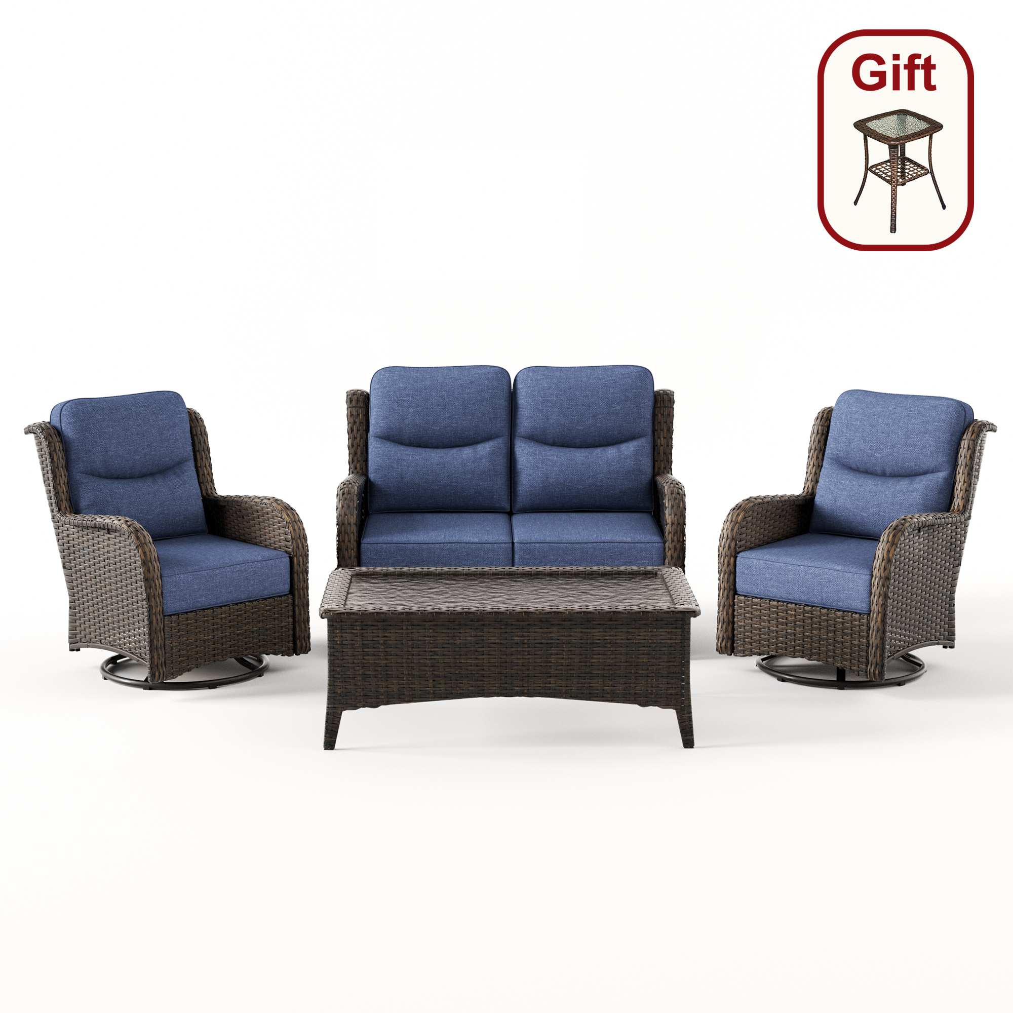 Hawthorne 4 Seater Patio Wicker Loveseat Set With Swivel Glider Chairs And Coffee Table SAND