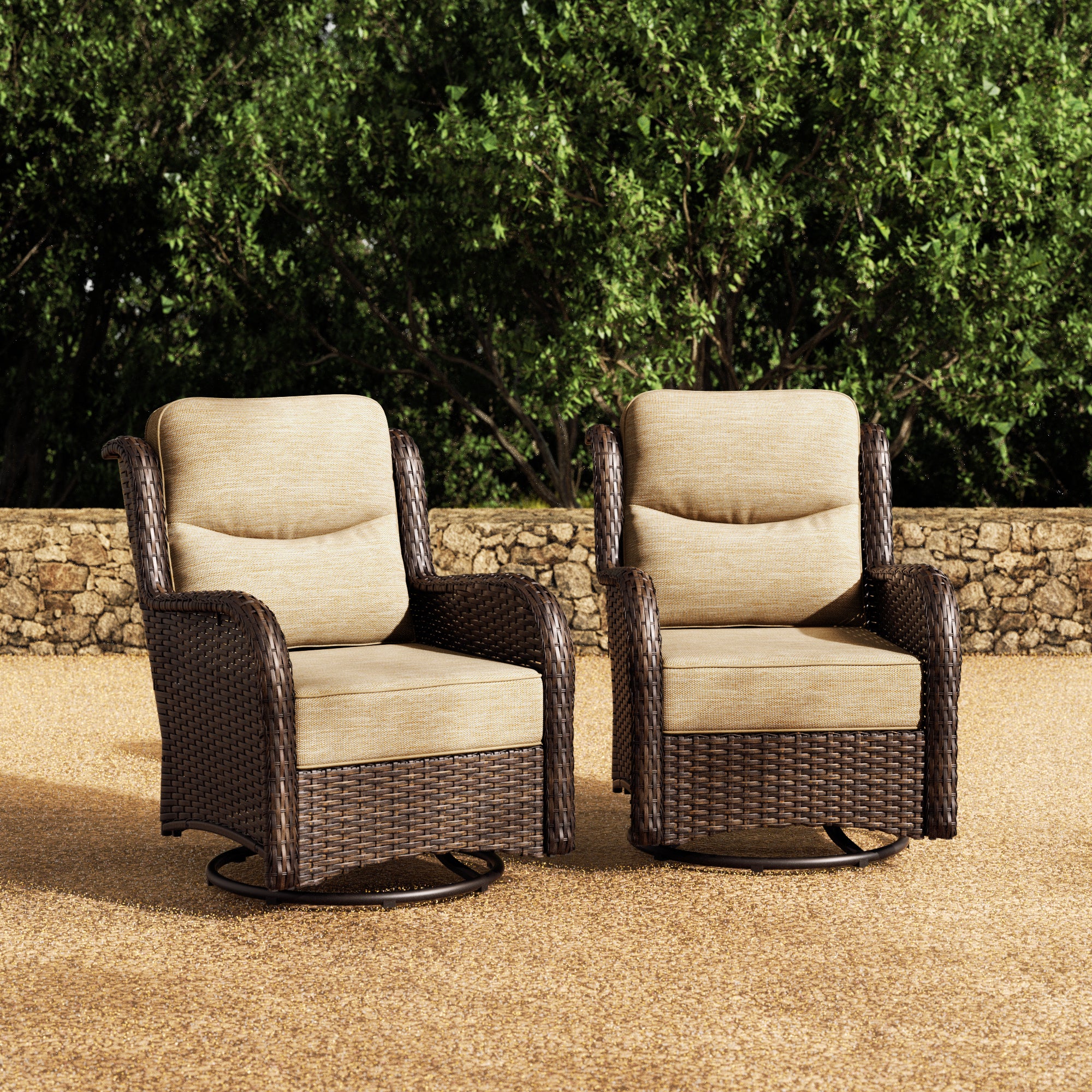 Hawthorne 2 Piece Outdoor Wicker  Swivel Gliding Chairs Set With 6-Inch Cushions & Sturdy Base