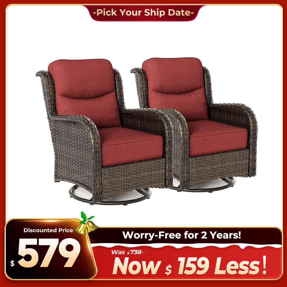 Hawthorne 2 Piece Outdoor Wicker Swivel Gliding Chairs Set With 6-Inch Cushions & Sturdy Base