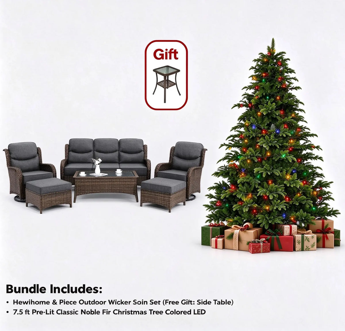 Hawthorne 6 Pieces Outdoor Wicker Sofa Set With 7.5 ft Pre-Lit Noble Fir Christmas Tree
