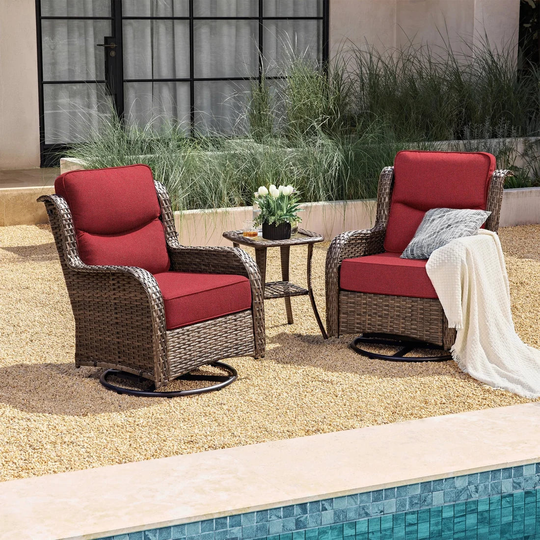 Hawthorne 3 Piece Outdoor Wicker 360° Swivel Conversation Set With Cushions & Side Table For Porch