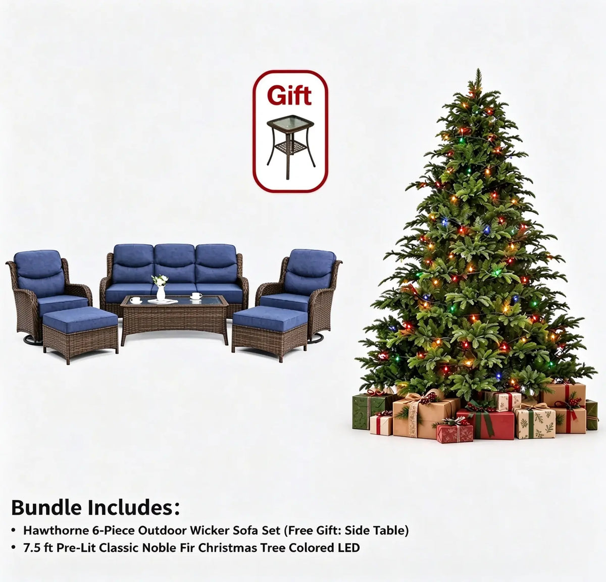 Hawthorne 6 Pieces Outdoor Wicker Sofa Set With 7.5 ft Pre-Lit Noble Fir Christmas Tree