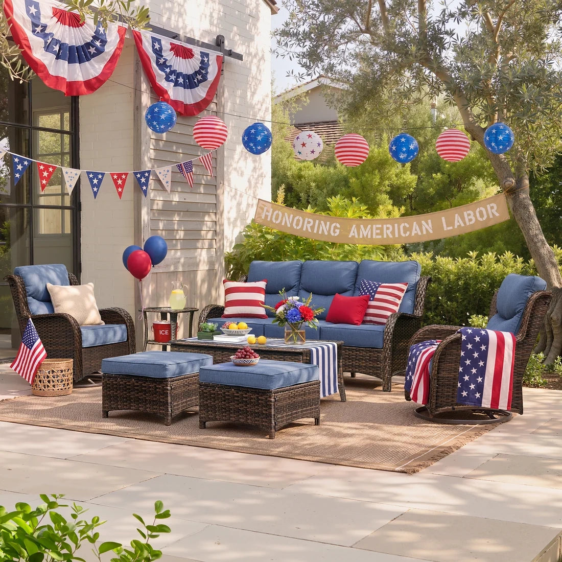 Hawthorne Blue Wicker Furniture Patio Sofa And Swivel Glider Chairs With 6-Inch Cushions