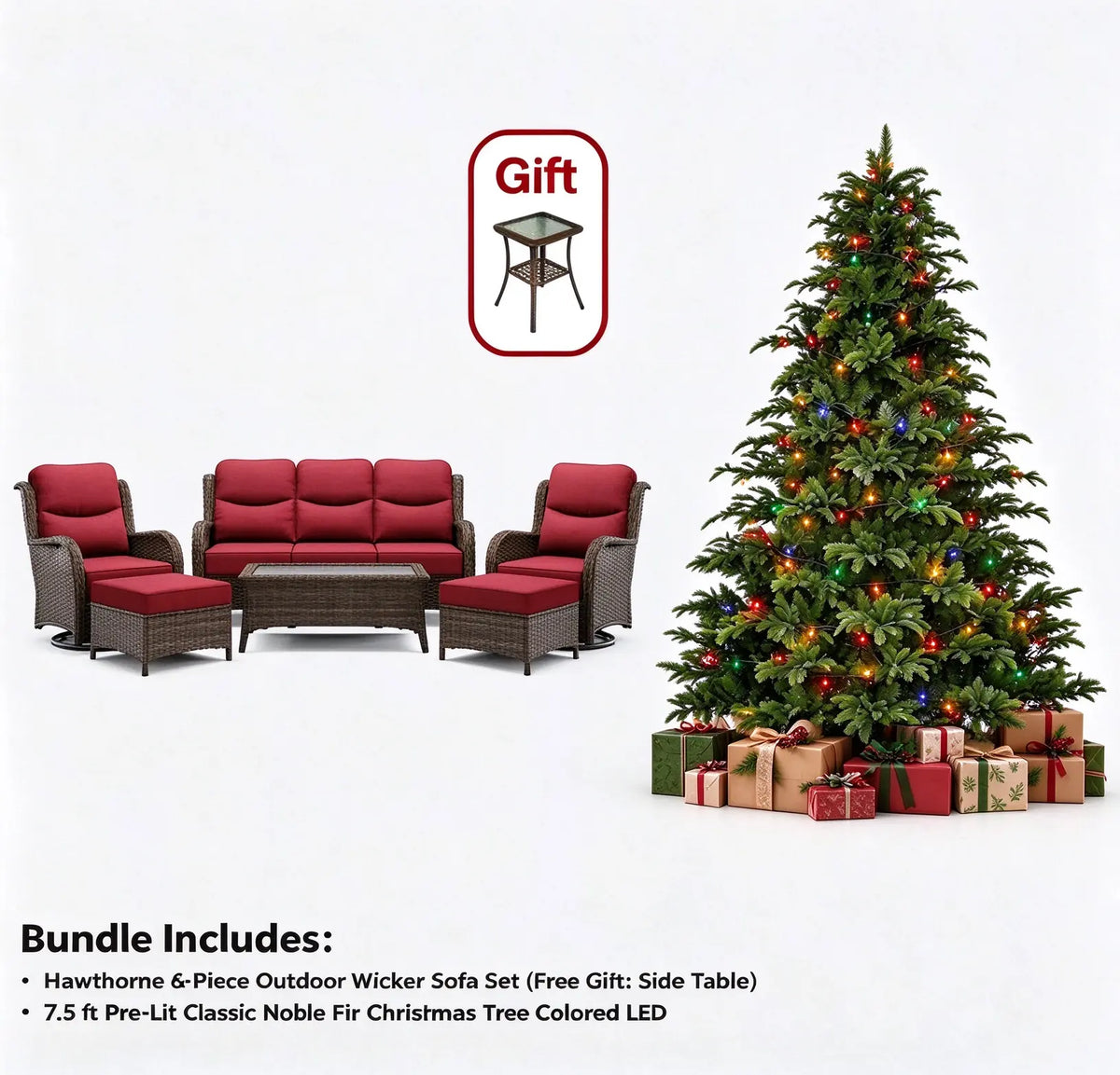 Hawthorne 6 Pieces Outdoor Wicker Sofa Set With 7.5 ft Pre-Lit Noble Fir Christmas Tree