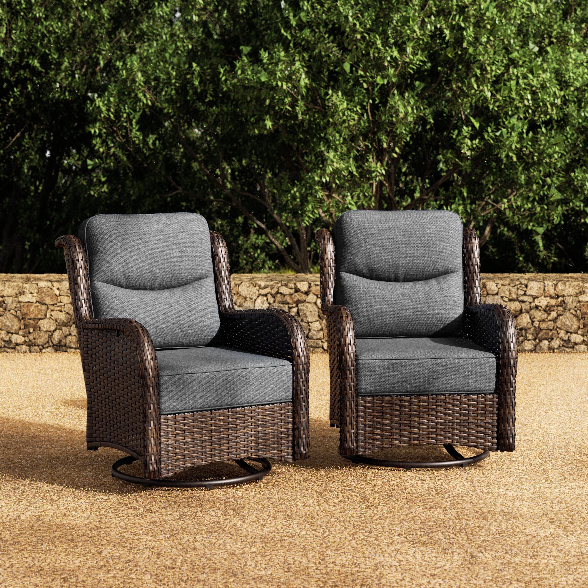 Hawthorne 2 Piece Outdoor Wicker  Swivel Gliding Chairs Set With 6-Inch Cushions & Sturdy Base