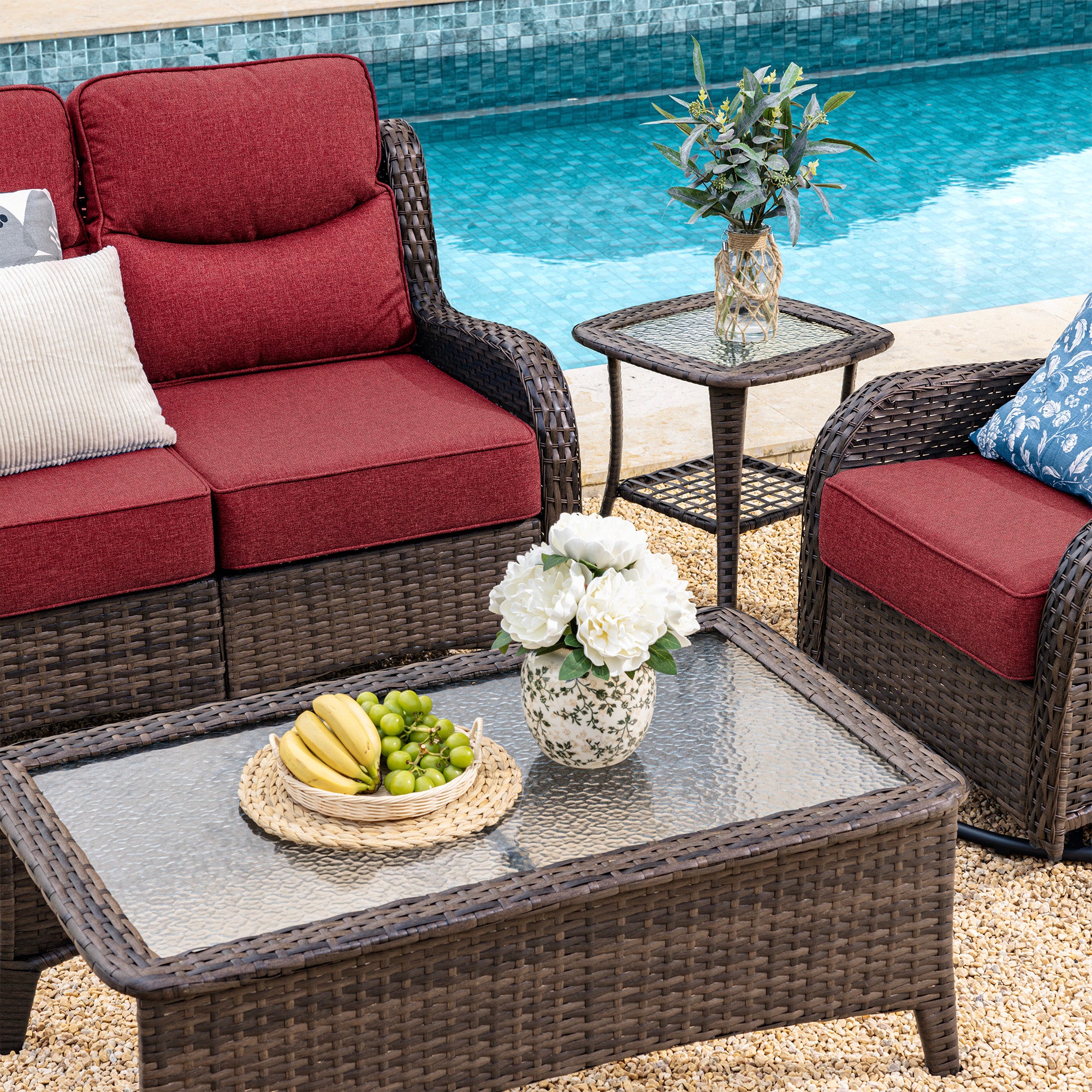 Hawthorne 5 Pieces Patio Wicker Loveseat Set With Ottomans