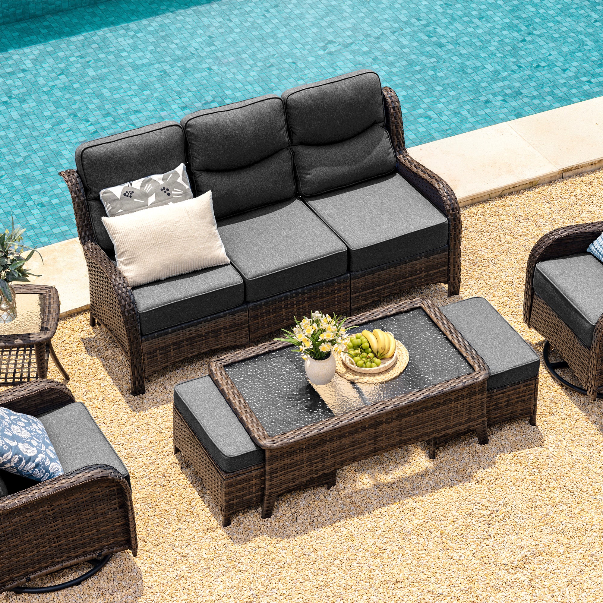 Hawthorne 5 Piece Patio Rattan Sofa Set with Swivel Chairs & Ottomans