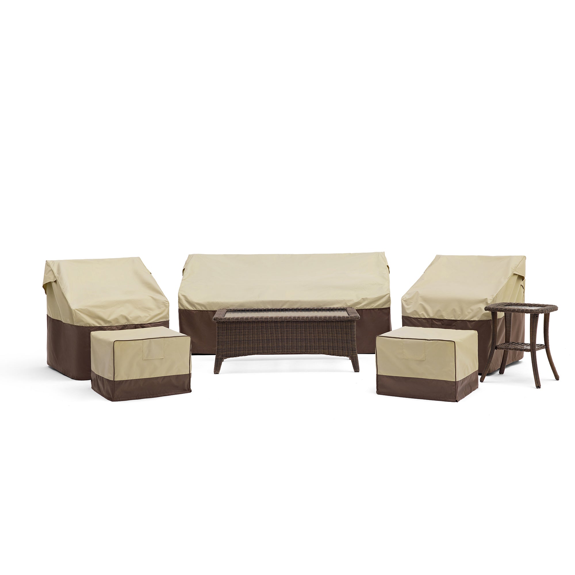 Ardenelle Luxury Patio Furniture Wicker 3-Seater Sofa & Outdoor Swivel Glider Chairs In Sand With High Back 6-Inch Thick Cushions For Porch, Deck, Backyard