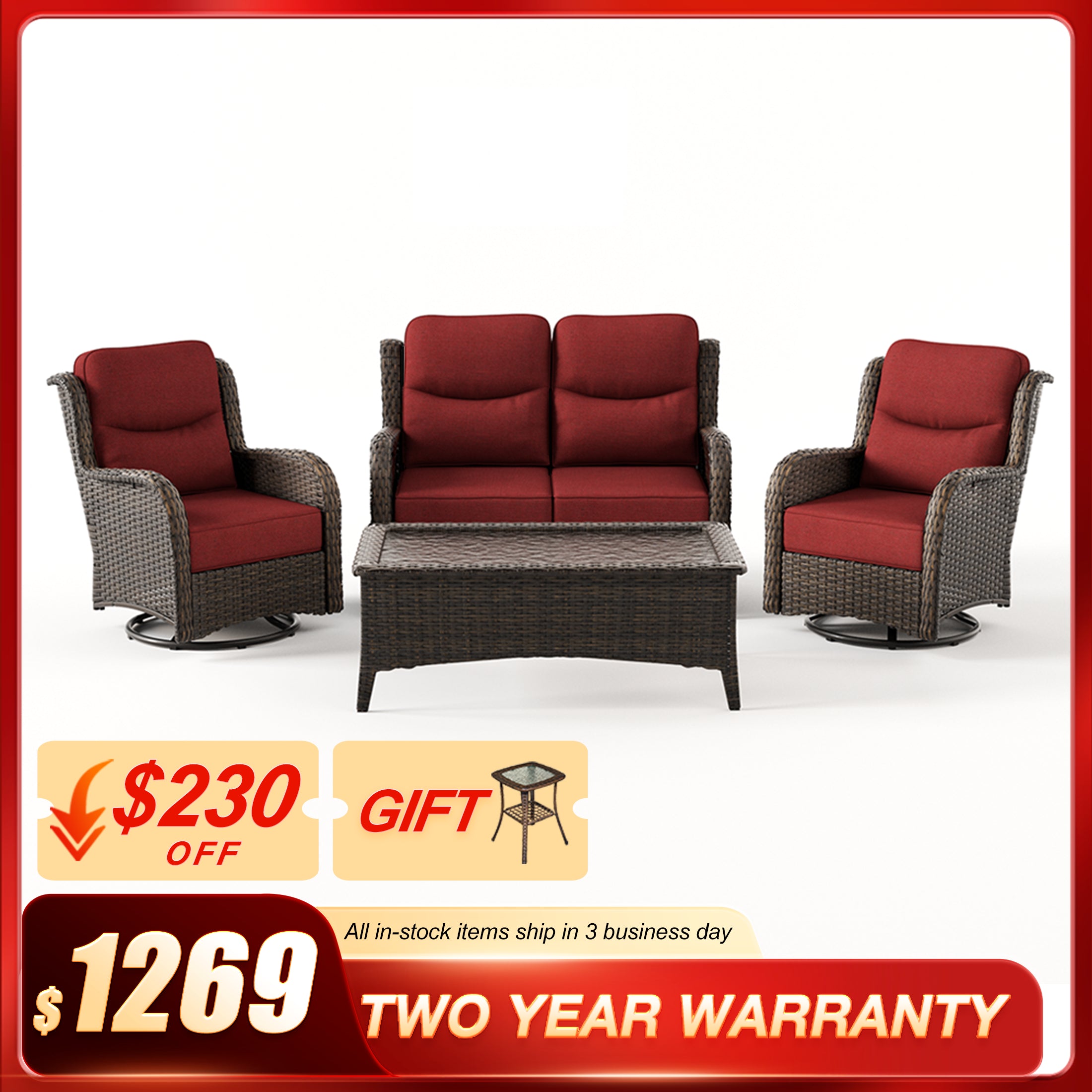 Hawthorne 4 Seater Patio Wicker Loveseat Set With Swivel Glider Chairs And Coffee Table