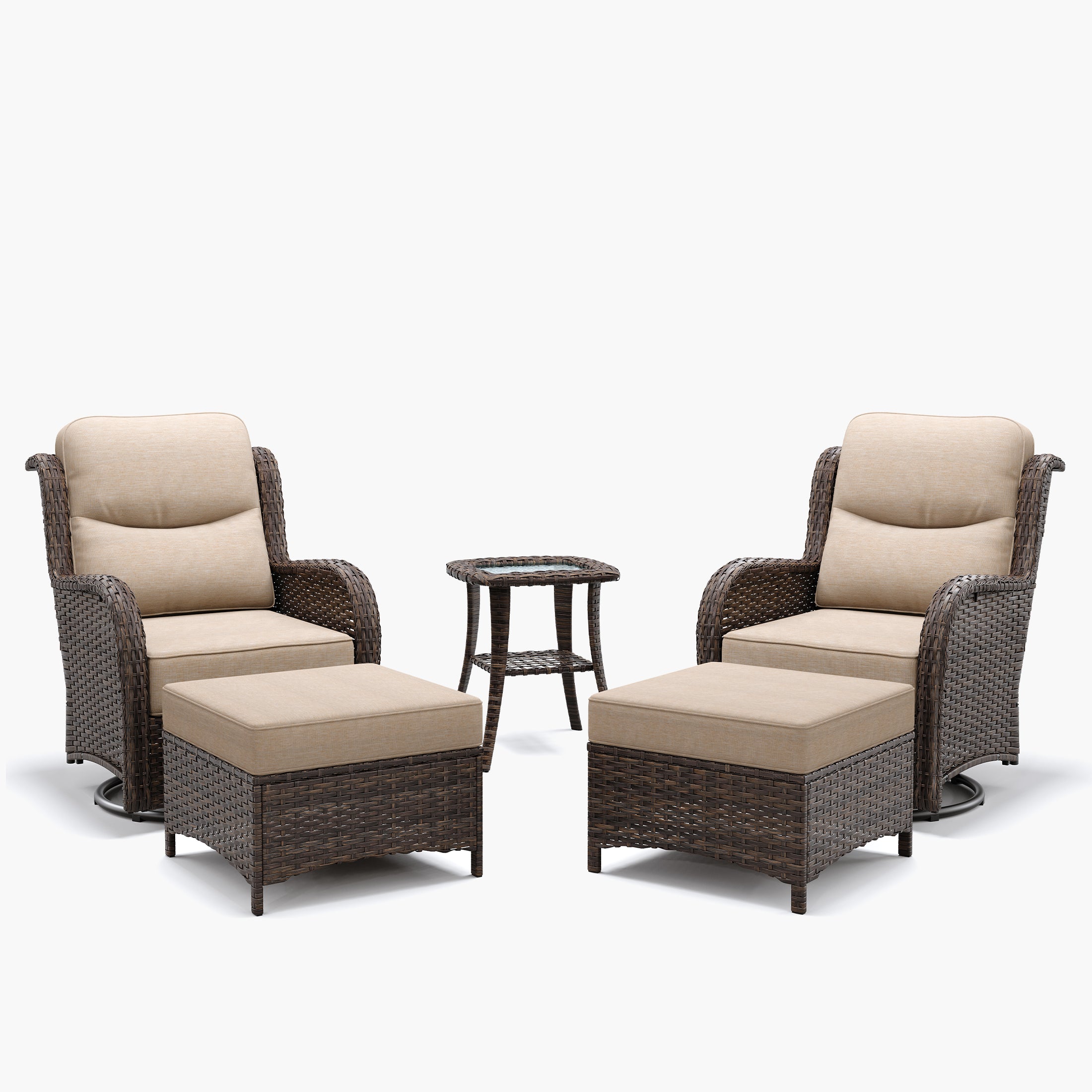 Hawthorne 5 Piece Outdoor Wicker Conversation Set With Side Table & Ottomans For Balcony