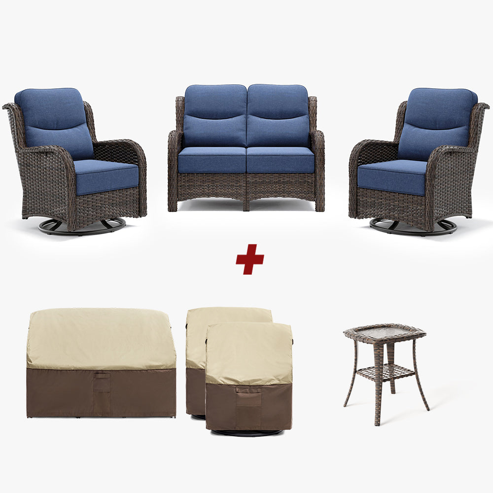 【Extra Covers: $50 More】Hawthorne 6 Piece Patio Rattan Loveseat Set With Extra All Weather Covers