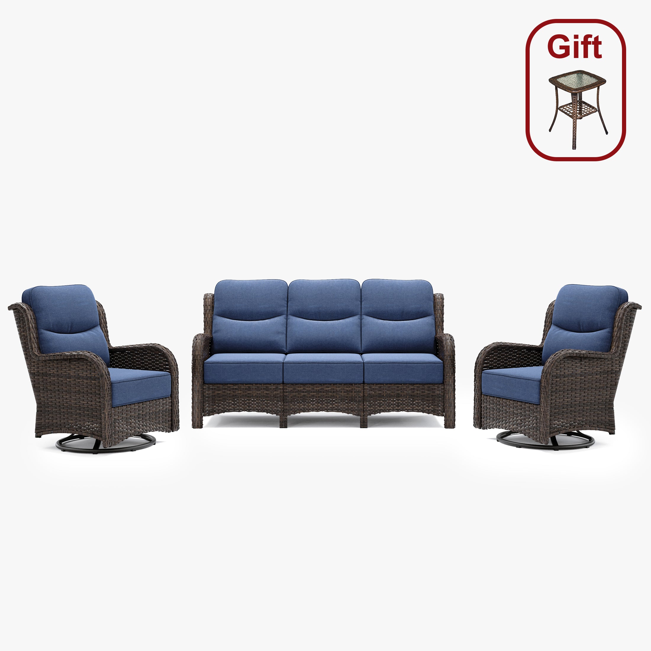 Hawthorne Blue Wicker Furniture Patio Sofa And Swivel Glider Chairs With 6-Inch Cushions