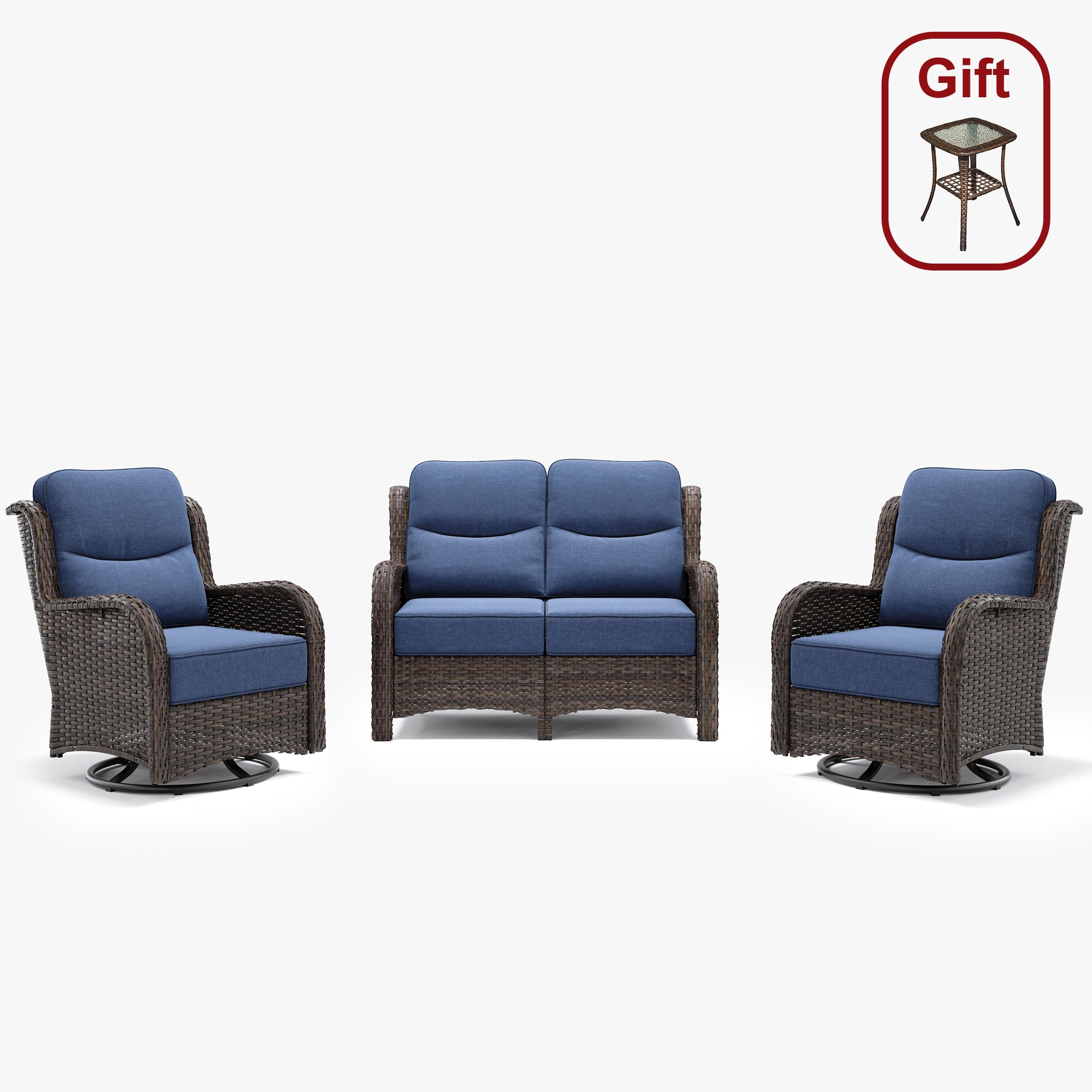 【Quick Assembly Collection】Patio Wicker 3-Min 4 Seater Loveseat Set With Swivel Glider Chairs
