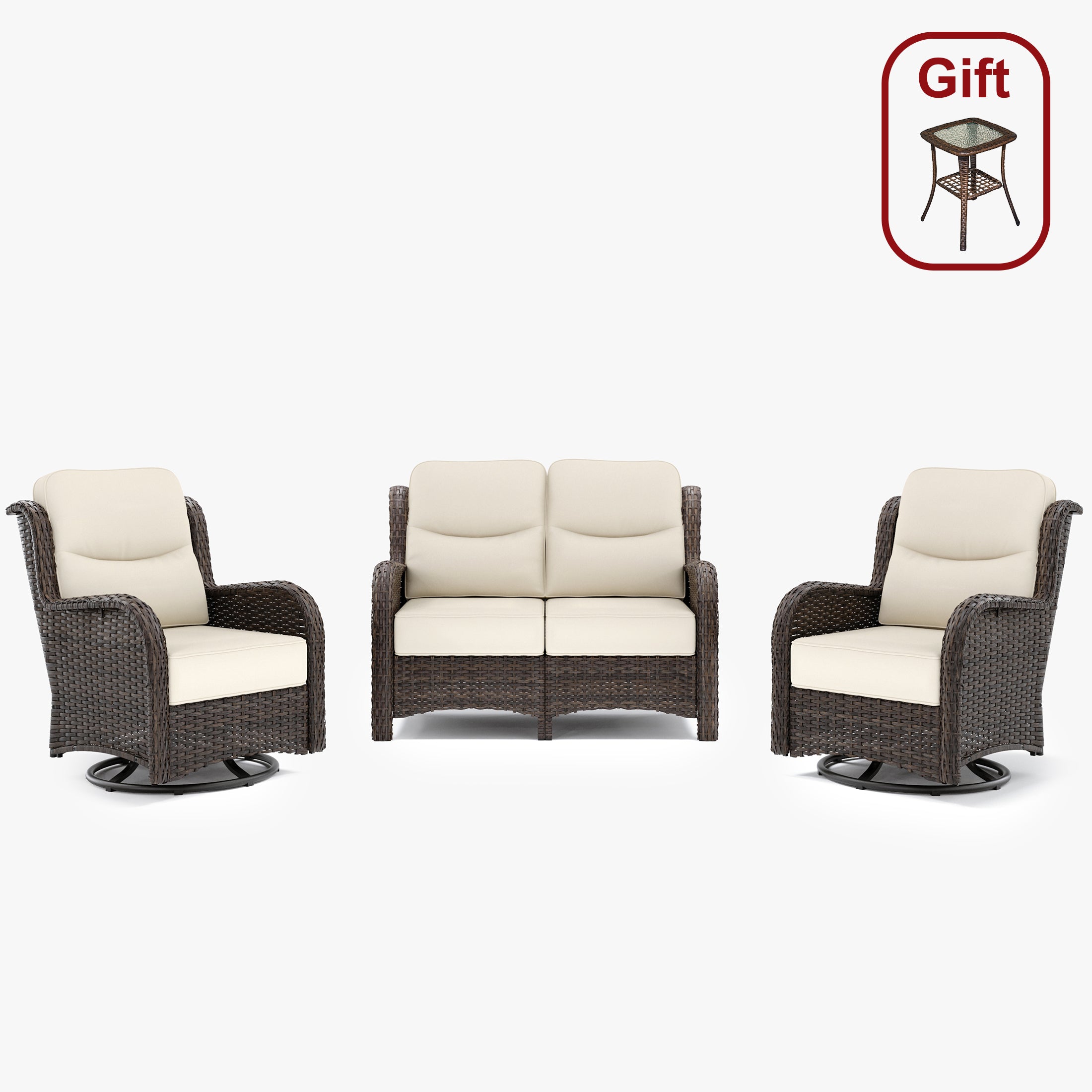 【Quick Assembly Collection】Patio Wicker 3-Min 4 Seater Loveseat Set With Swivel Glider Chairs