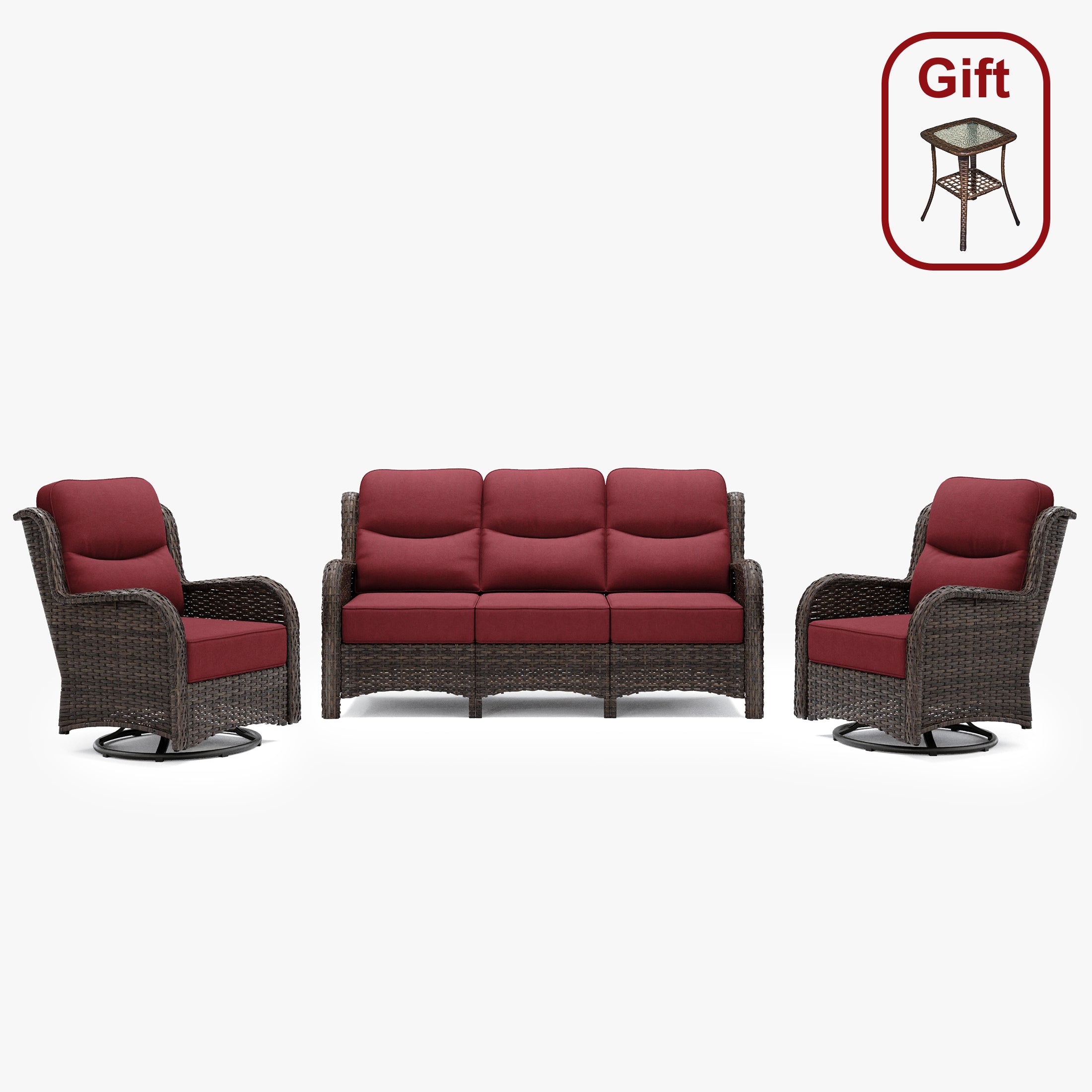 Hawthorne Red Wicker Furniture Patio Sofa And Swivel Glider Chairs With 6-Inch Cushions